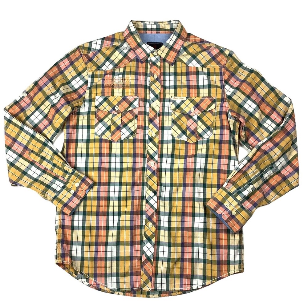 Swiss Cross Long Sleeve Button Up Plaid Shirt Men's M Orange Yellow Fall Logo